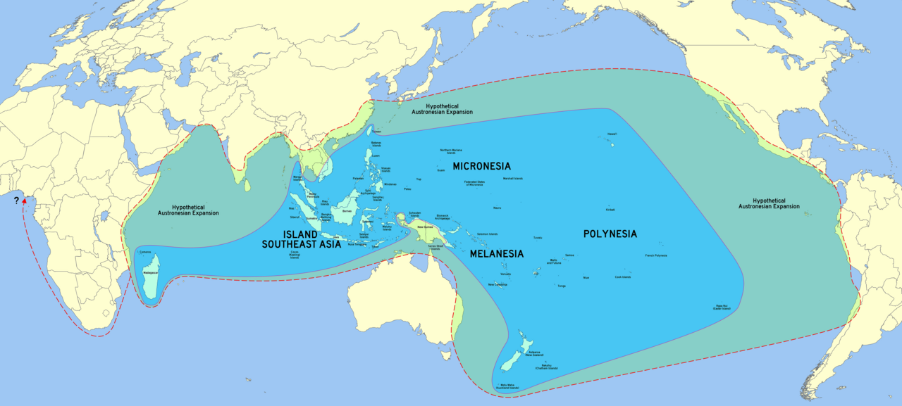 Peta jangkauan penyebaran Austronesia. Ia menunjukkan keluasan maksimum yang bersifat hipotesis bagi keluarga bahasa Austronesia, bukan laluan migrasi orang Melayu dan bukan sempadan identiti Malaysia; di sini ia digunakan hanya untuk satu perkara: bahasa Melayu berada dalam dunia bahasa yang berbeza daripada Aslian, yang tergolong dalam Austroasiatik.