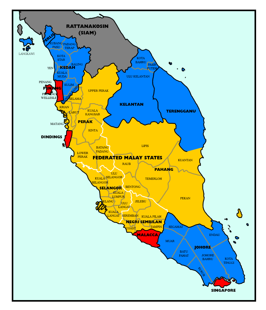 Peta British Malaya sekitar 1922. Ia lebih lewat daripada proses Pulau Pinang, Singapura dan Melaka masuk ke sistem British, tetapi menunjukkan geografi kolonial yang akhirnya terbentuk.