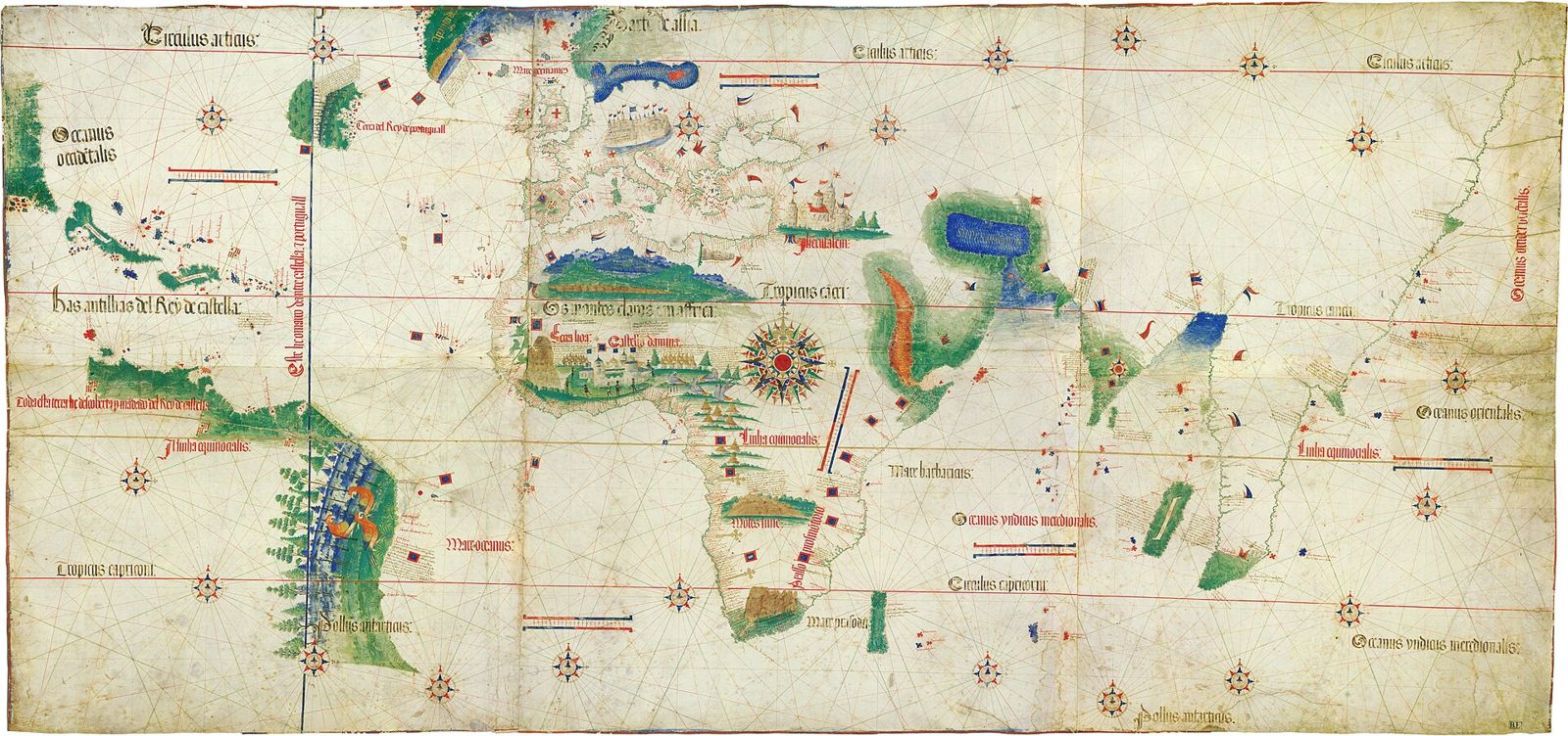 Planisfera Cantino, disiapkan pada tahun 1502 oleh seorang pembuat peta Portugis yang tidak dikenali namanya; kini disimpan di Biblioteca Estense Universitaria, Modena, Itali.