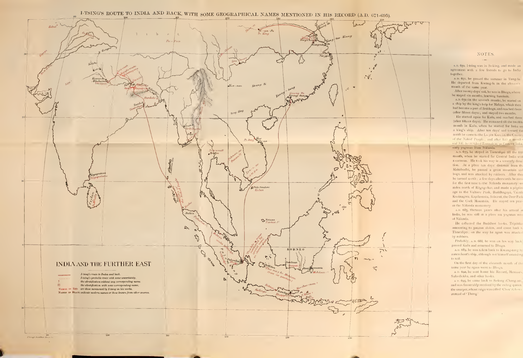 Ini bukan peta internet yang dilukis kemudian secara sembarangan. Ia ialah peta laluan Yijing yang dicetak di bahagian awal terjemahan Inggeris J. Takakusu pada tahun 1896. Peta ini meletakkan Guangzhou, Srivijaya, Malayu, Kacha, Nicobar dan pantai timur India dalam satu laluan laut; ia tidak menggantikan dua sumber dalam teks, tetapi ia menunjukkan bahawa perjalanan Yijing memang disimpan dan disusun dalam penerbitan akademik.