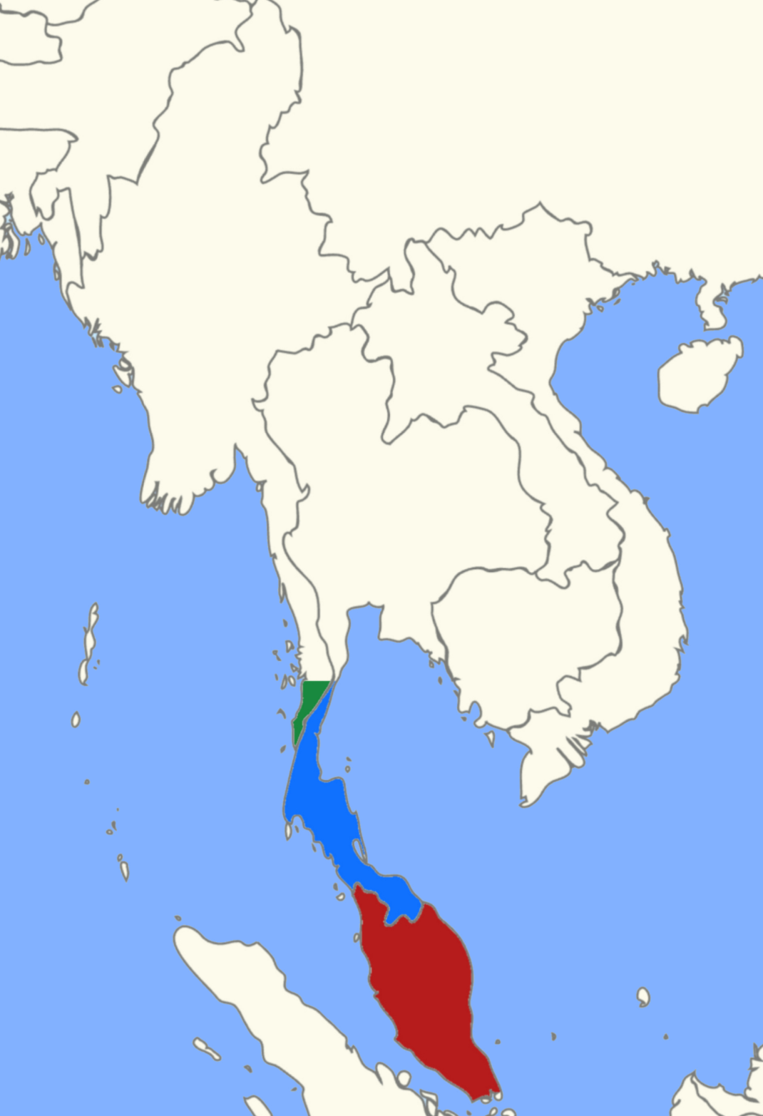 Peta kedudukan Semenanjung Melayu. Artikel ini bukan bercakap tentang istilah abstrak, tetapi tentang tanah yang memanjang dari tanah besar Asia Tenggara ke dunia selat: Semenanjung Malaysia hari ini, selatan Thailand dan pinggir semenanjung di utara berada dalam gelanggang geografi yang sama.